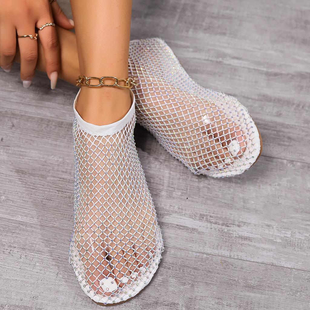 Fashion 2025 Women's New Luxury Brand Round Toe Flat Bottom Sandals Hollow Short Boots Water Diamond Sexy Flat Slippers Sandals