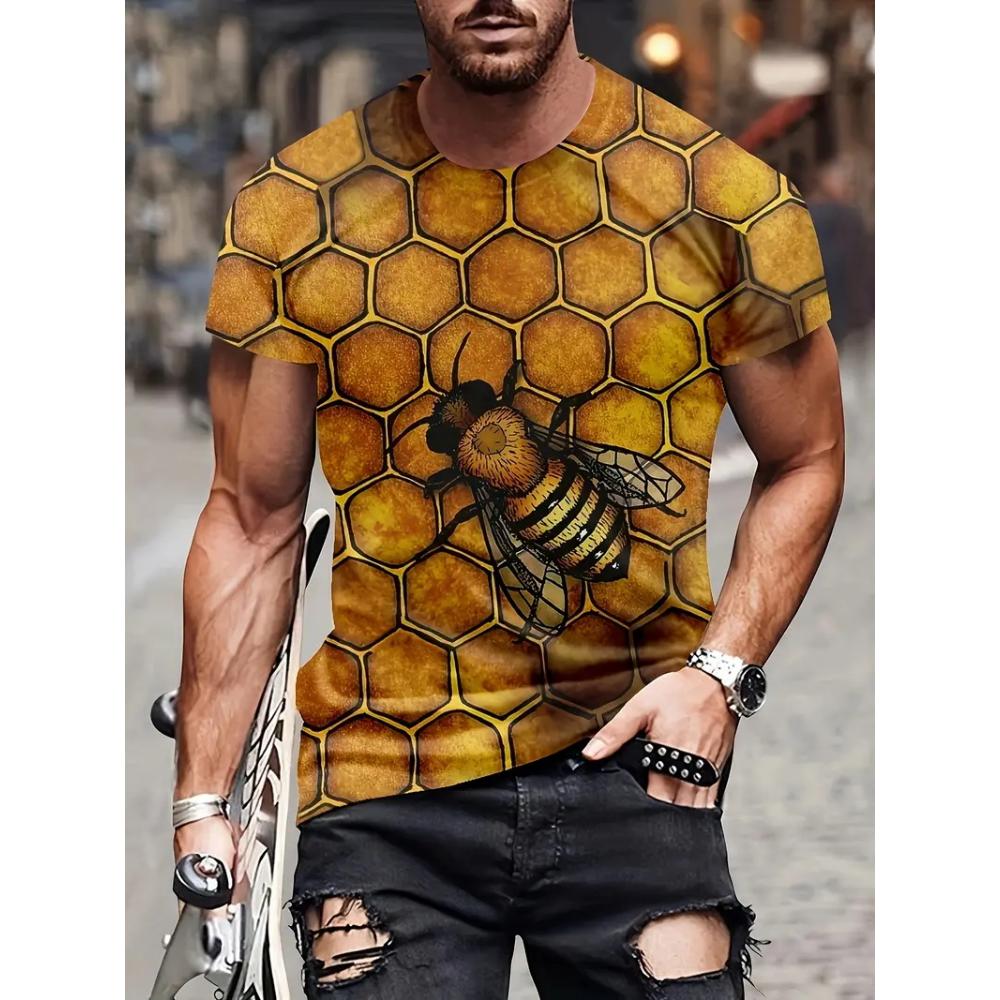 Men's Casual Honeycomb Bee Print T-Shirt Casual Round Neck Short Sleeve Tshirts Clothes New In Funny Bee Graphic T Shirts Tops