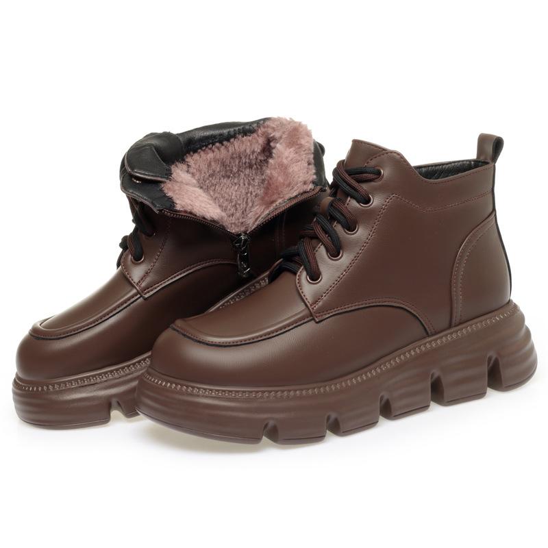 5cm Vintage Comfortable Soft Leather Shoes Warm Winter Boots 2025 Women's Med Heels Flat Platform Short Plush Motorcycle Botas