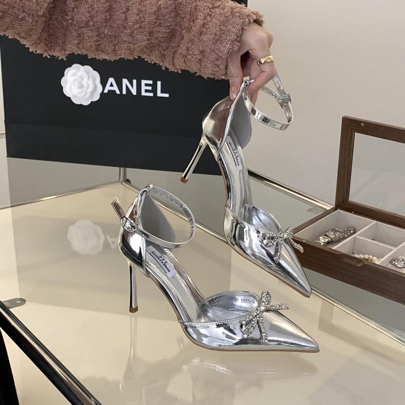 Silver Pointed Toe Thin Heel Women Sandals Rhinestones Butterfly Knot Slingback Pumps Ladies Party Dress Hight Heels Shoes