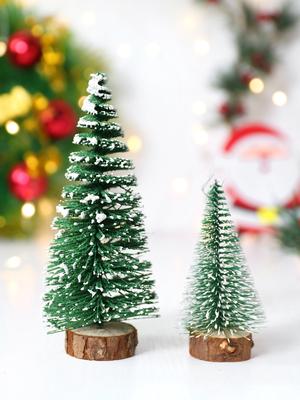 2pcs Mini Green Christmas Tree Decoration,Snow-Covered Artificial Pine Trees with Wooden Base,Tabletop Xmas Trees for Home Decor