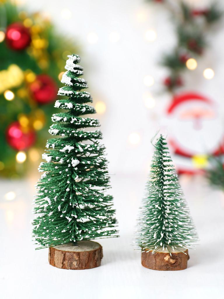 2pcs Mini Green Christmas Tree Decoration,Snow-Covered Artificial Pine Trees with Wooden Base,Tabletop Xmas Trees for Home Decor