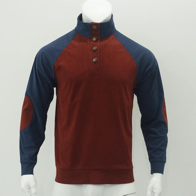 Men's Corduroy Color Block Stand Collar Hoodie - Casual Long Sleeve Top for Spring and Autumn
