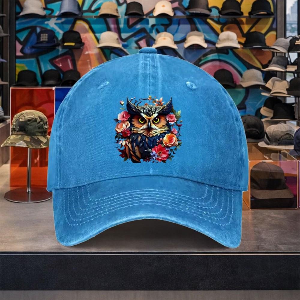 Owl Floral Print Washed Cotton Baseball Cap Adjustable Unisex Vintage Casual Outdoor Hat