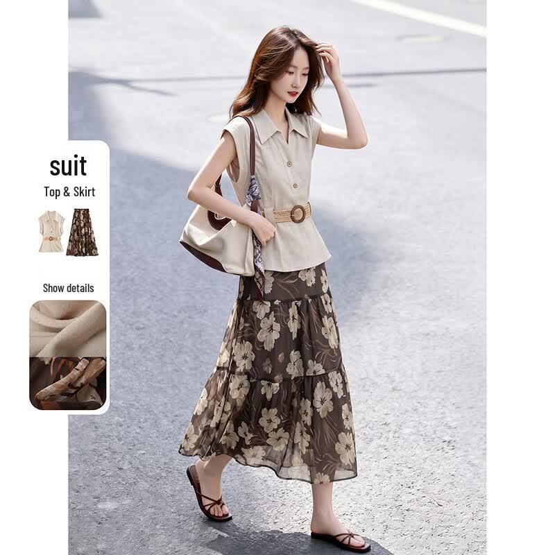 Retro Sleeveless Shirt and Skirt Set M