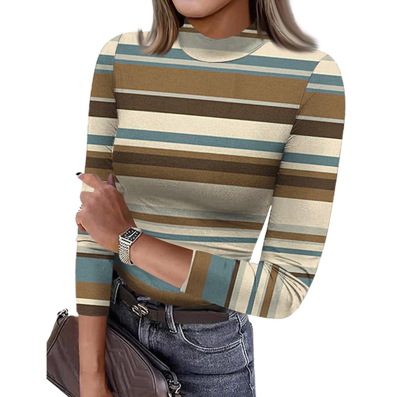

Women s Slim Bottom T-shirt Fashion Casual Stripe Printing Round Neck Pullover 3/4 Sleeve Top L хакі