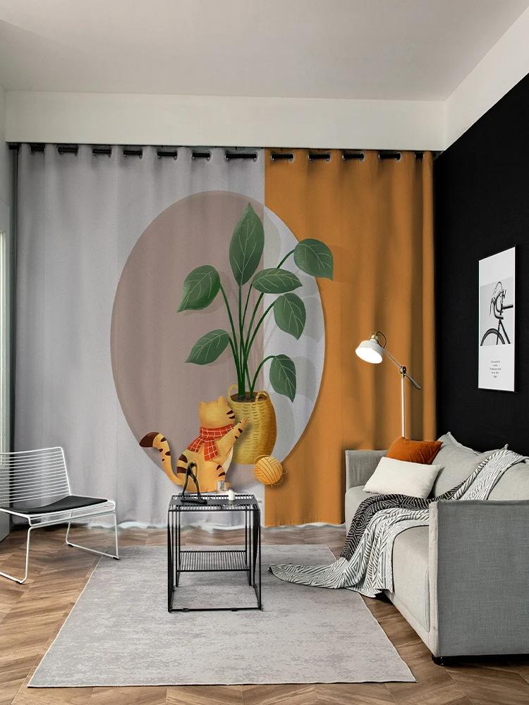 Cute Children Kitten High Shading Curtain Heat Insulation Drape Bedroom Home Living Room Bay Window Partition Curtain 2PCS