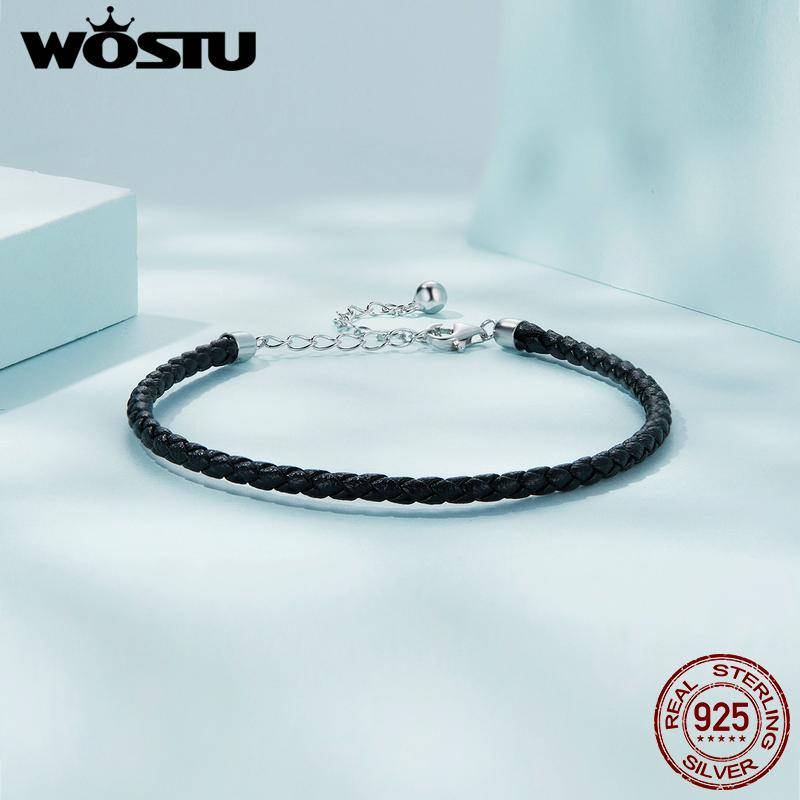 WOSTU 925 Sterling Silver Simple Leather Bracelet Fashionable Individual Lobster Clasp Bracelet