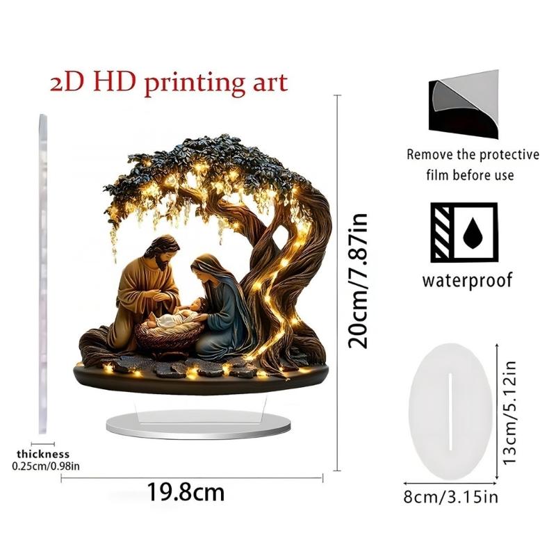Sacred Nativity Scene Under Tree Resin Sculpture Decoration with LED Lighted for Christmas Home Tabletop Decors Ornament