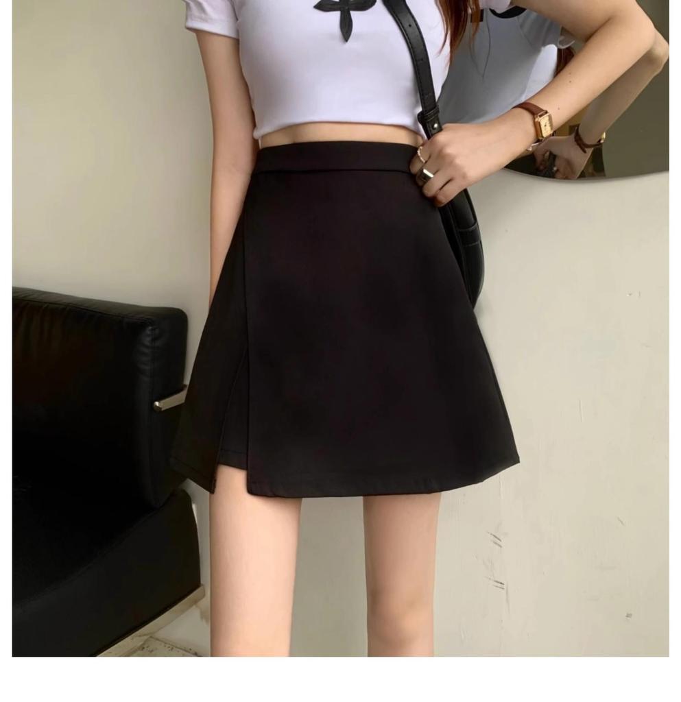 2025 Black Plus Size High Waist Slimming A-Line Slit Short Skirt for Women