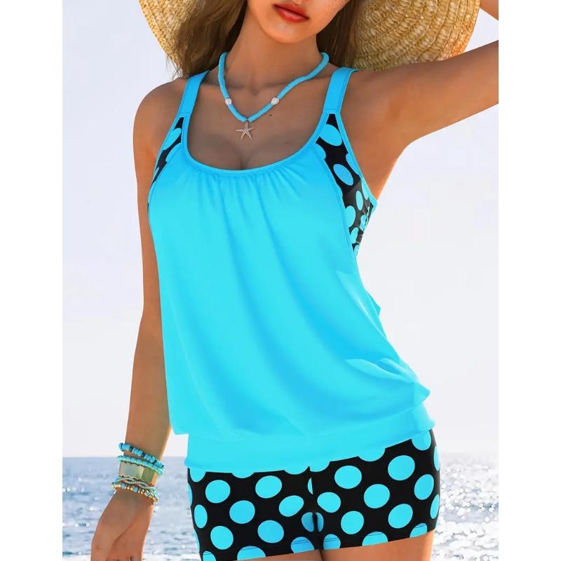 Women's Light Blue Polka Dot Tankini Set Racerback Two Piece Modest Swimsuit with Shorts