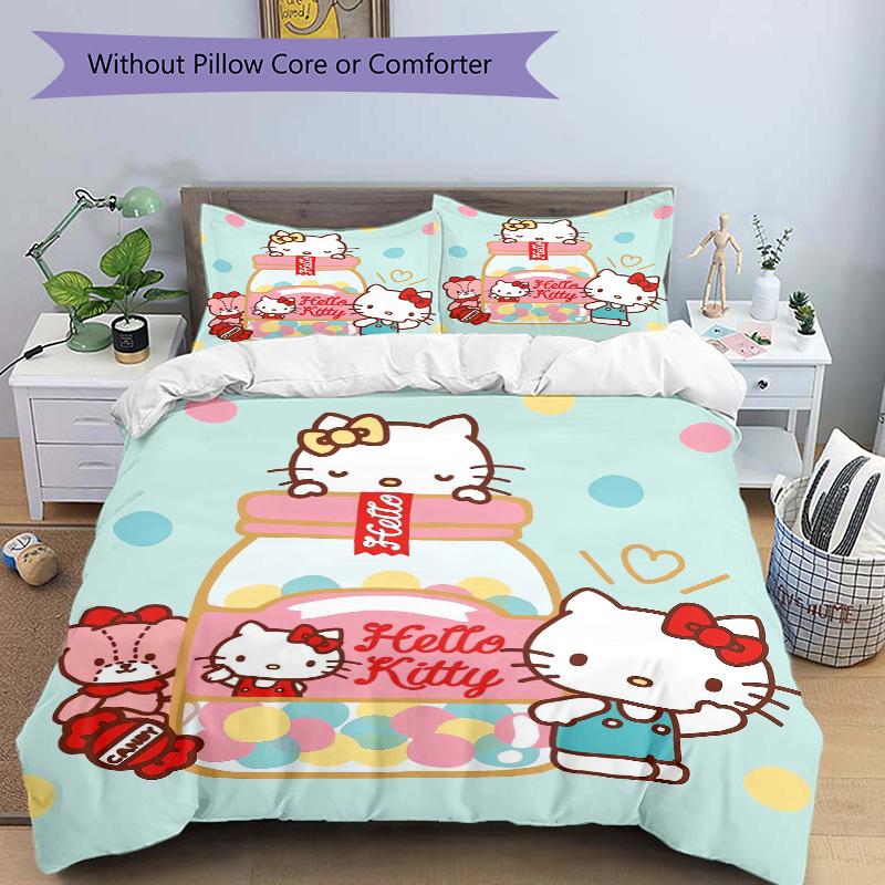 3pcs Hello Kitty Candy Bottle Design Printed Quilt Set - Soft and Comfortable Quilt Cover for Bedroom, Guest Room and Dormitory Decorative B