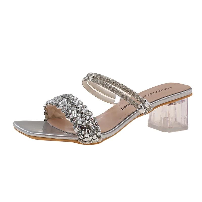 Shoes for Women 2025 New Summer Outdoor Large Size Women's Slippers Fashion Rhinestone Peep Toe Square Heel Modern Slippers