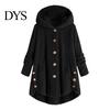 Solid Color Women Jacket Plush Coat Hooded Long Sleeve Side Buttons Hem Single Breasted Mid-length Casual with Pockets Loose Fit Velvet Winter