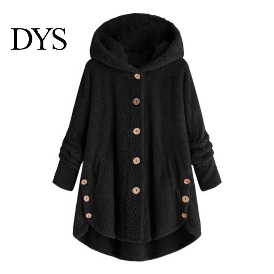 Solid Color Women Jacket Plush Coat Hooded Long Sleeve Side Buttons Hem Single Breasted Mid-length Casual with Pockets Loose Fit Velvet Winter