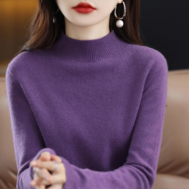 Women's Cashmere Knit Sweater - 2023 Autumn/Winter, Half-High Neck, Slimming Fit, Solid Color Pullover
