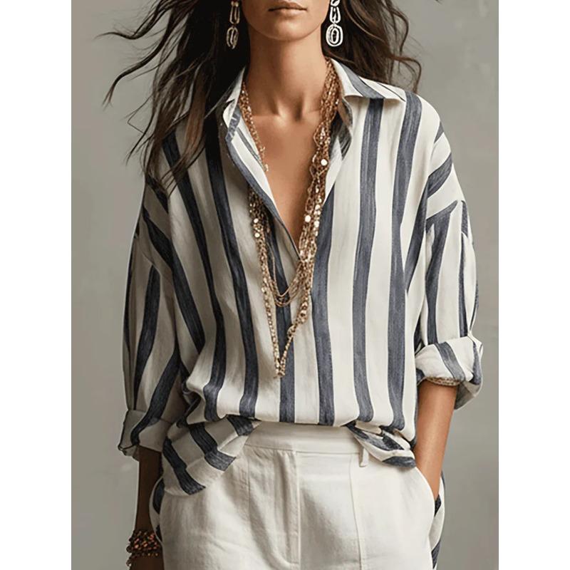 Women Brown White Striped Button Down Shirt Long Sleeve Loose Fit Casual Blouse