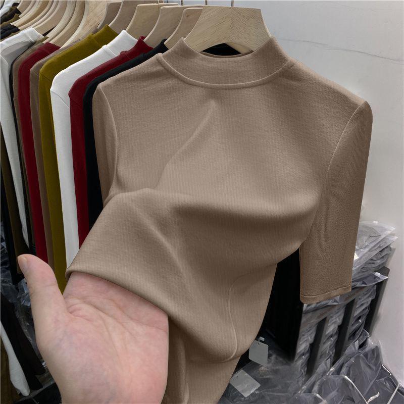 Chic High-Neck Slimming Mid-Sleeve Top (1/2 Piece) - Fashionable Natural Shoulders, Ideal for Spring/Autumn Layering, Body-Conscious Women's T-Shirt
