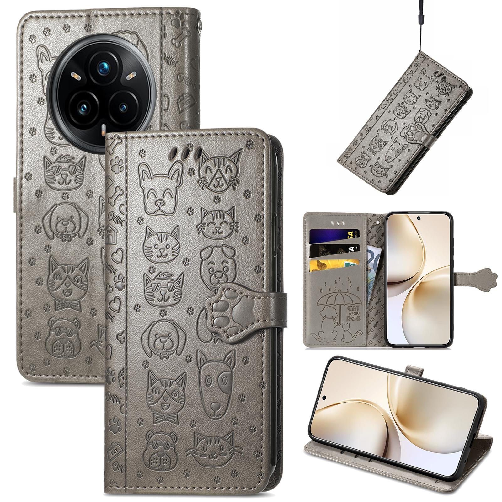 

For Realme 14 Pro 5G Leather Wallet Case Flip Phone Cover with Cute Cat Dog Pattern Grey