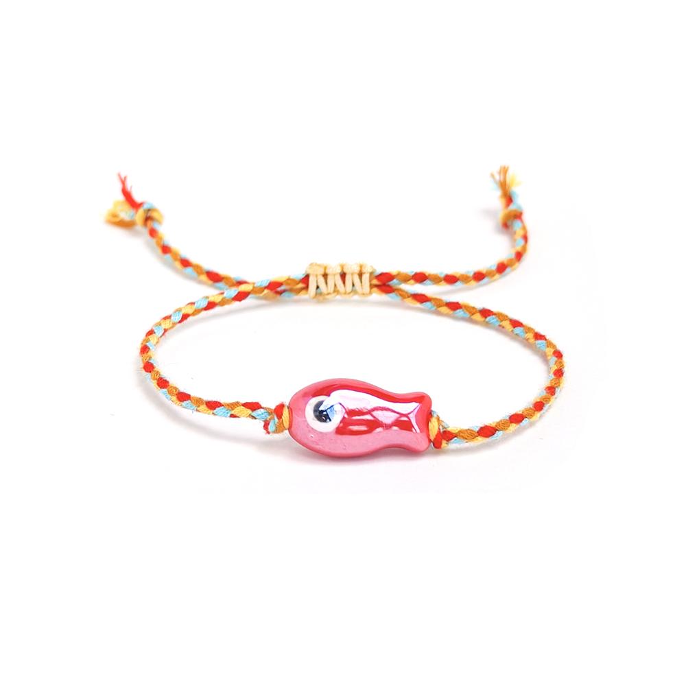 Vlen Adjustable Summer Beach Bracelet Ceramic Fish Charm Boho Style Colorful Rope Braided Handmade Jewelry Gift for Women