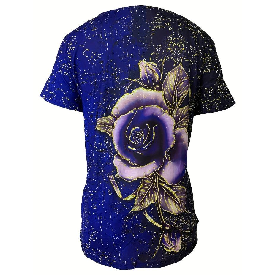 Plus Size Women's Casual Rose Print Short Sleeve V Neck Medium Stretch T-shirt - Comfortable, Breathable, Relaxed Fit - Perfect for Daily Wear