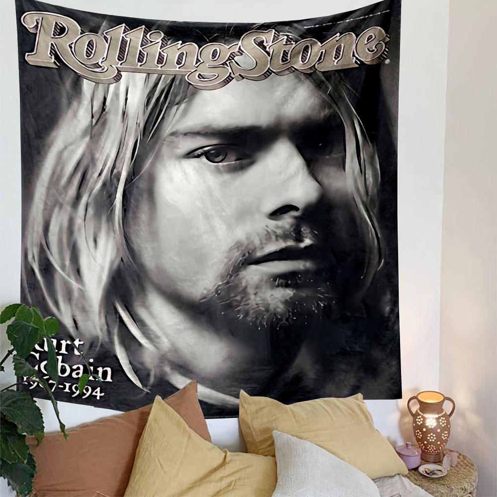 Grayscale portrait with text overlay on magazine cover design. Patterned tapestry for bedroom and living room home decor