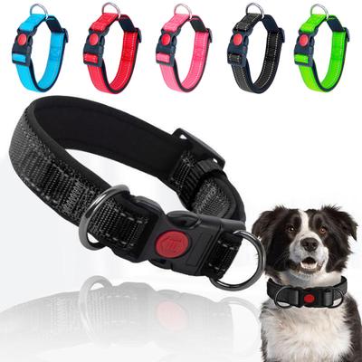 Pet Collar Adjustable Length Reflective Strap Buckle Closure Safety Lock Metal D-ring Reflective Padded Nylon Dog Collar for Small Medium Dogs