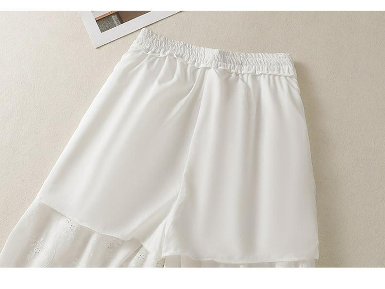 White Hollow Lace Embroidery Wide-Leg Pants with Drawstring - Women's Loose Fit