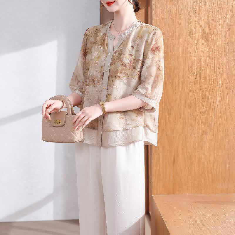 Xuexi Mother s Summer Floral Chiffon Faux Two-Piece Blouse 2XL