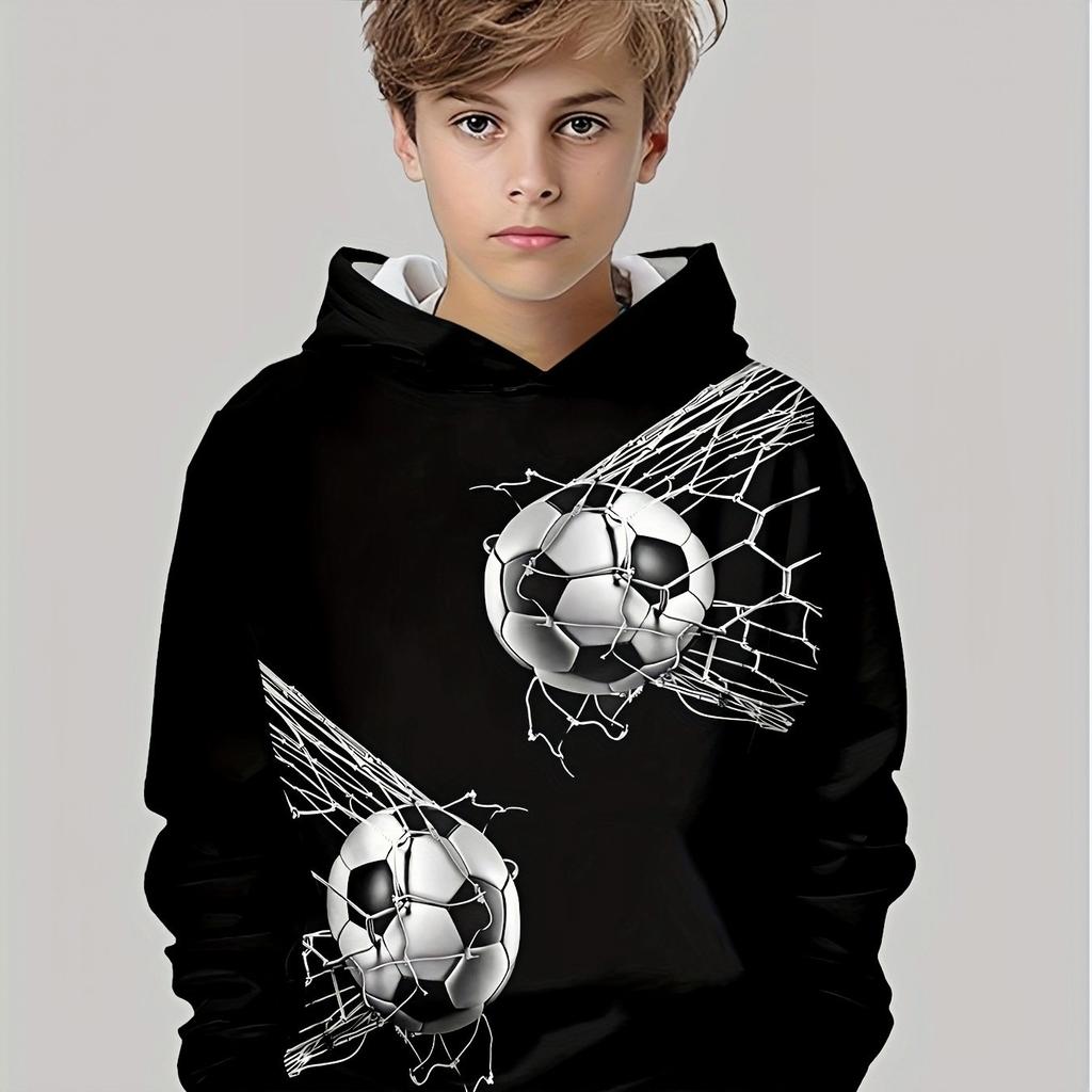 Boys' 3D Printed Football and Spider Web Pattern Hoodie - Black Casual Long Sleeve Sports Top