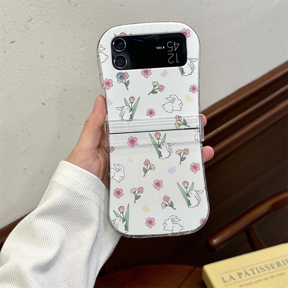 for Samsung Flip6 Cute Cartoon Rabbit Flower Wrist Chain Case for Samsung Galaxy Z Flip 6 5 4 3 Zflip Bracelet Ins Korean Cover