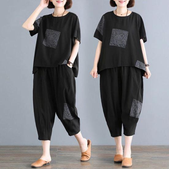 Women T-Shirt Pants Suit O Neck Elastic Waist Short Sleeves Loose Letter Print Summer Ladies Tee Sweatshirt Top Cropped Harem Trousers Kit Daily Wear