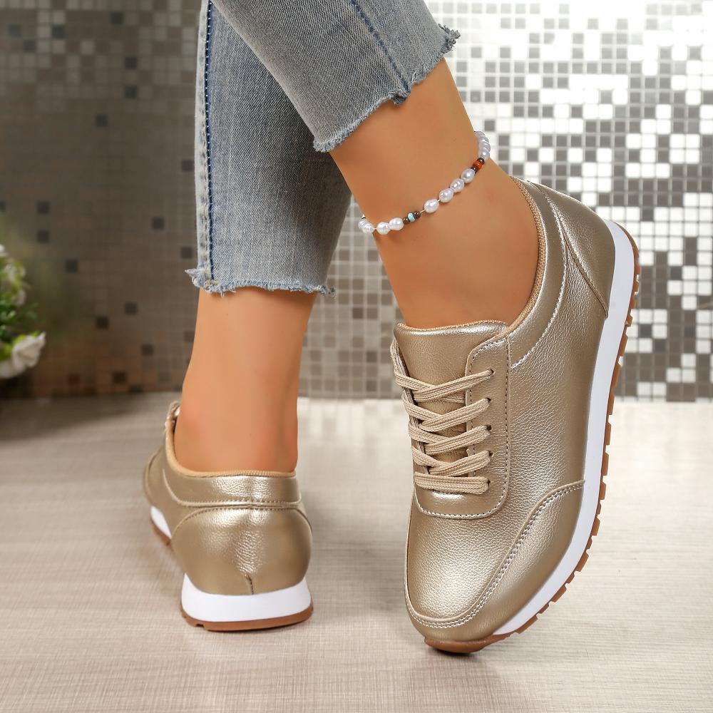 Fashion Plus Size Casual Leather Sneakers Spring/autumn Fashion Round Toe  Lace-Up Flat Low Top Casual Shoes for Women