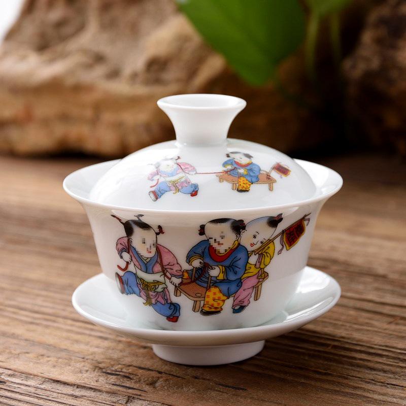 3.4-Inch Blue & White Ceramic Gaiwan Tea Set - 3-Piece, 100ml Capacity