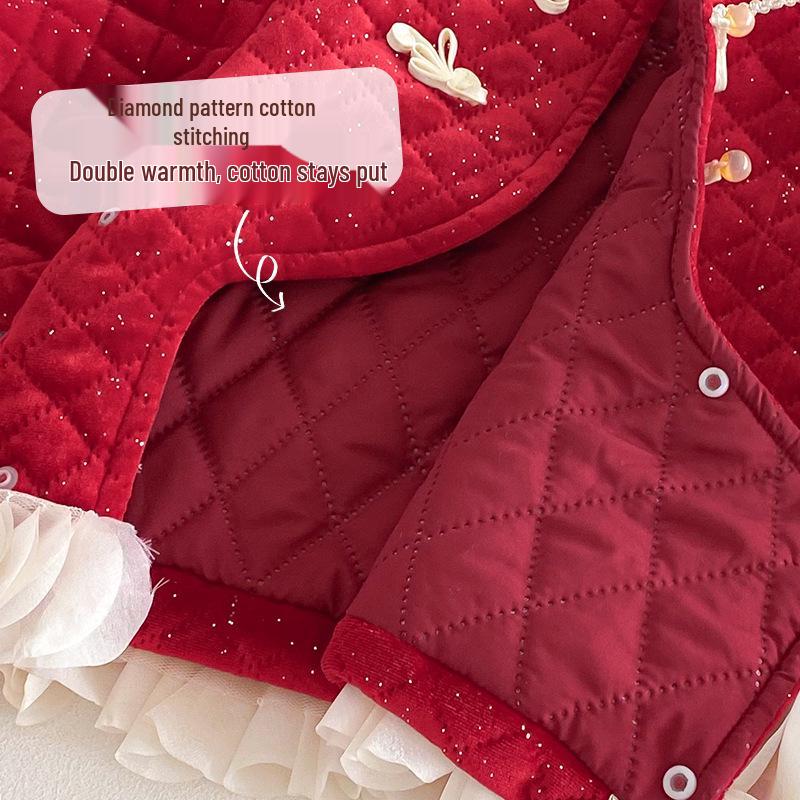 Girls' 2025 Winter Quilted Chinese New Year Retro Slanted Collar Cotton Jacket