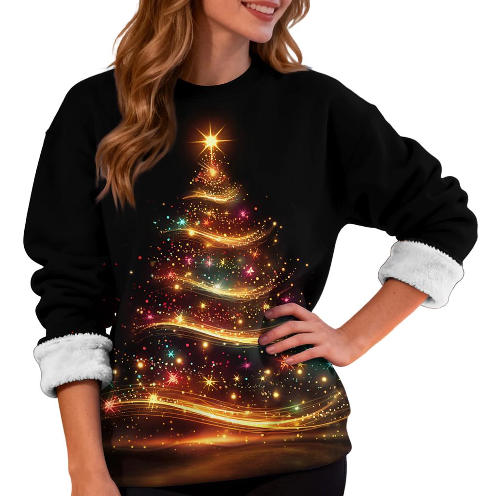 Women's Casual Fashion Round Neck Plus Velvet Thickened Christmas Print Sweatshirt