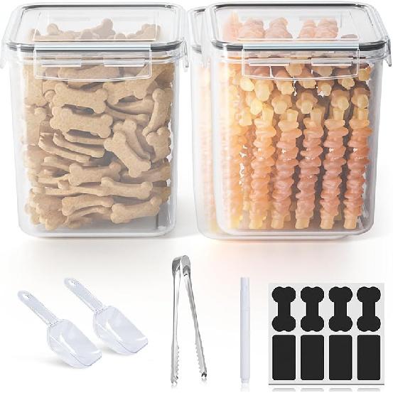 Dog Treat Container for Countertop - Dog Food Storage with 3 Jars - Pet Food Organizer For Puppy - Airtight White Wooden Dog Treat Storage With Lids Clear Jars 2-Pack