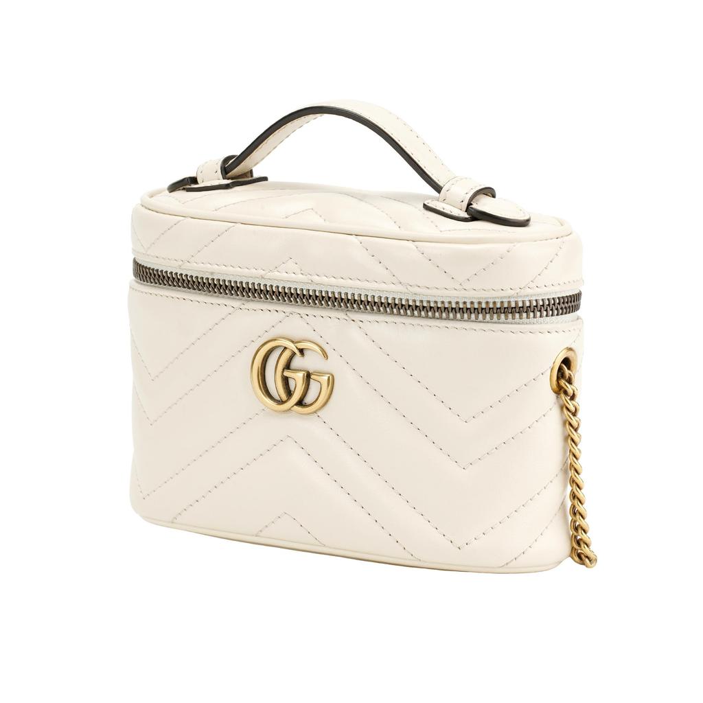Gucci GG Marmont White Leather Chevron Quilted Mini Vanity Case Crossbody Bag For Women Daily Use