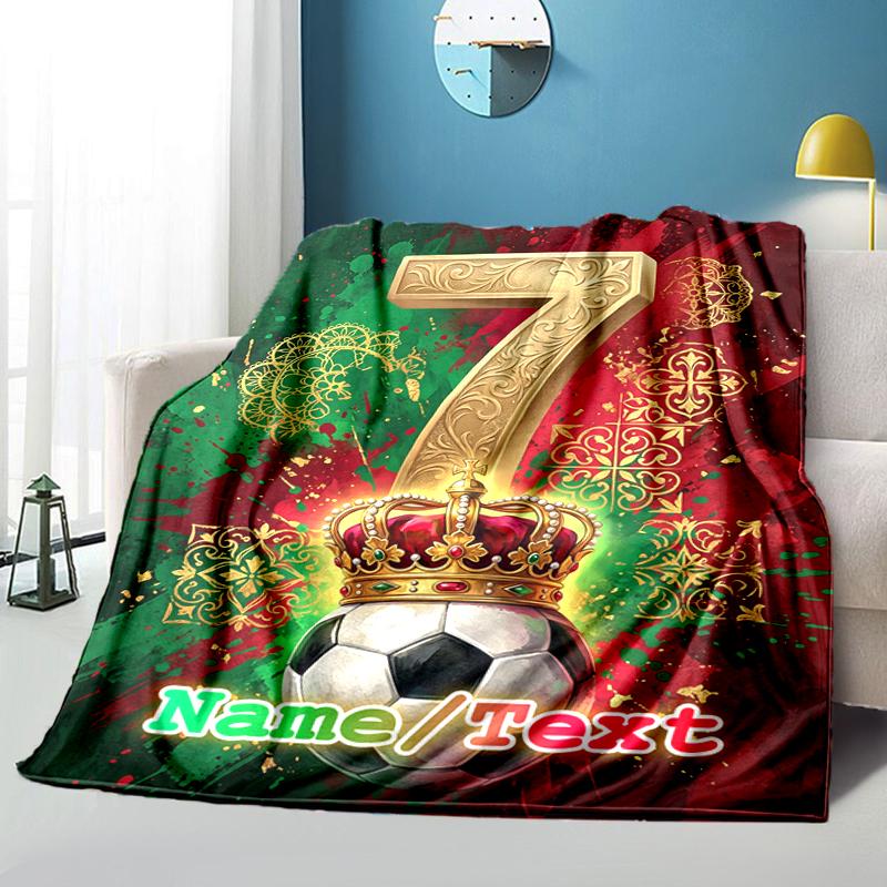 1PC Custom Name Golden Number Seven Crown Soccer Ball outdooor Flannel blankets Throw Blanket All-Season Throw Gift Bedspread for Couch, Bed, Camping