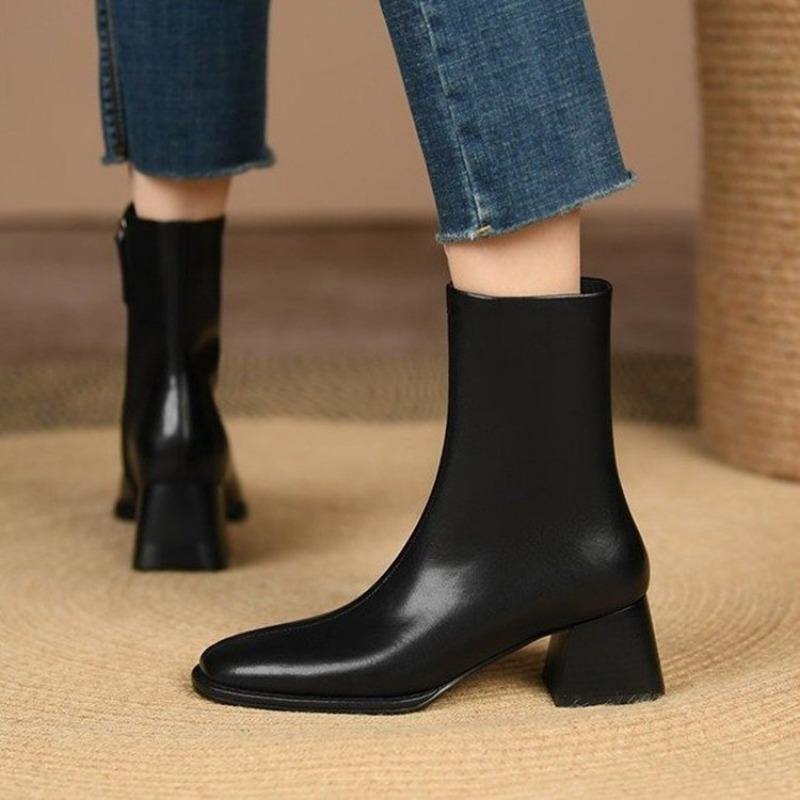 2025 Ankle Boots for Women Leather Square Toe Side Zipper Retro Style Chunky Heels Women Boots Short Boots Women  D263