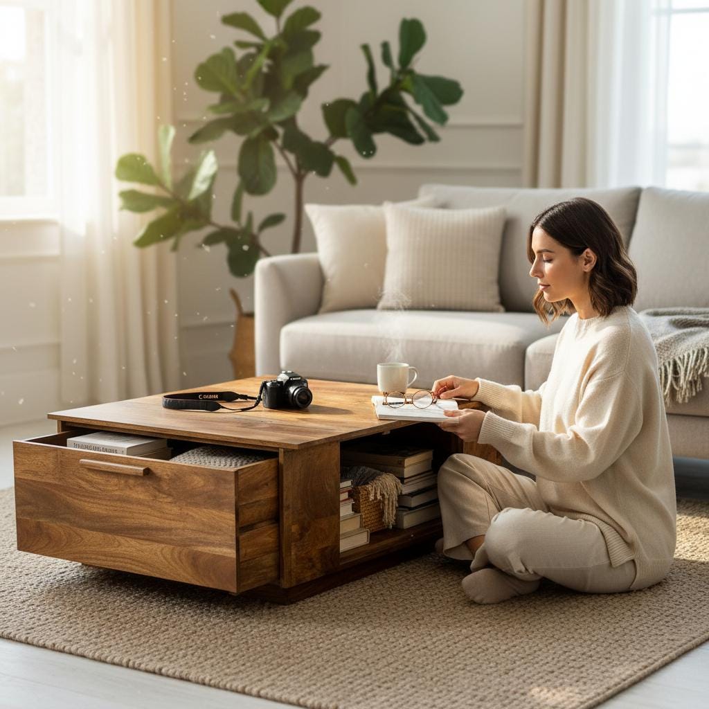 Wooden Central Side Desk Drawer Coffee Table | Indian Bedside Nightstand Bedroom Furniture | Solid Wood with Hidden Storage | Center table