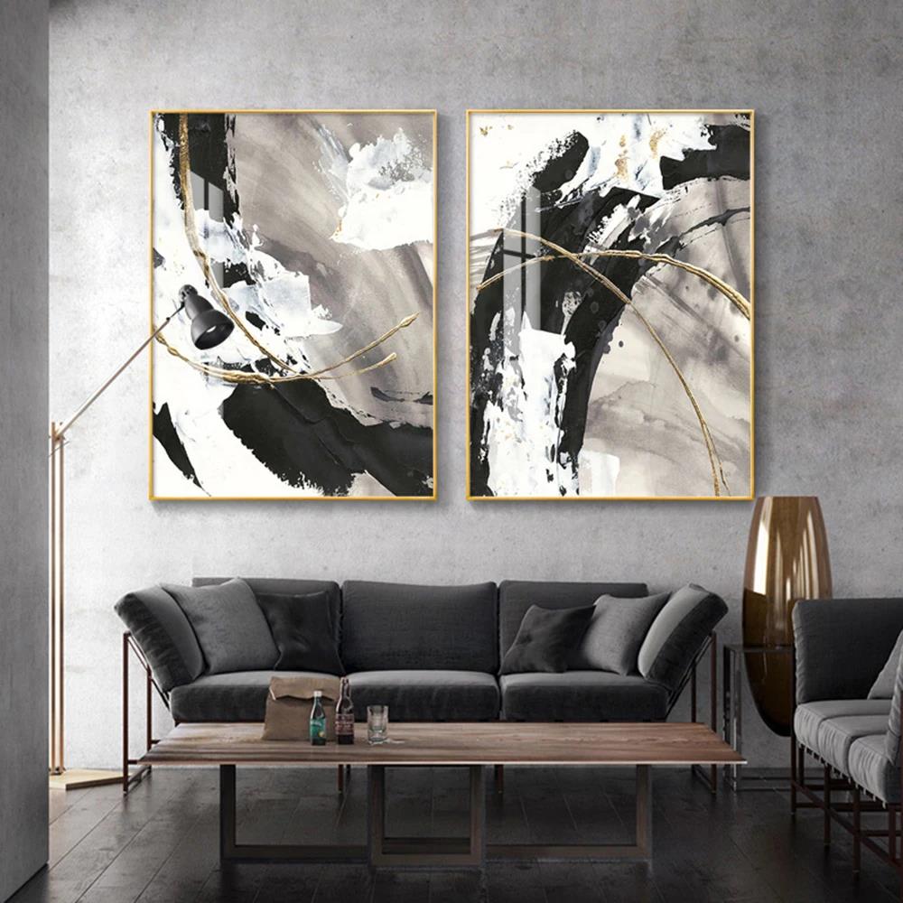 Weiß Grau HD Leinwand Ölgemälde Poster Drucke Haus Schlafzimmer Wohnzimmer Dekoration Moderne Abstrakte Wandkunst Marmor Stil Schwarz