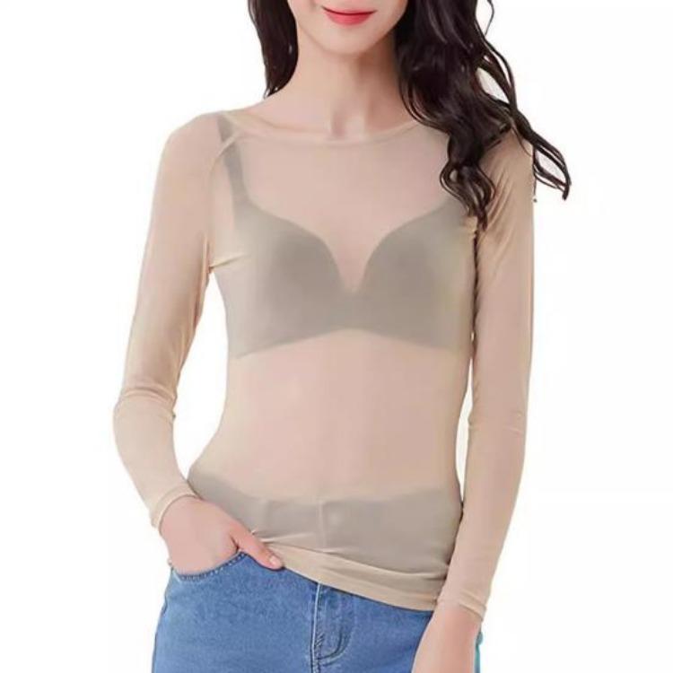 Women See Through Mesh Top Long Sleeve Slim Fit Shirt Sexy Clear Gauze O Neck Sun Protection Tops