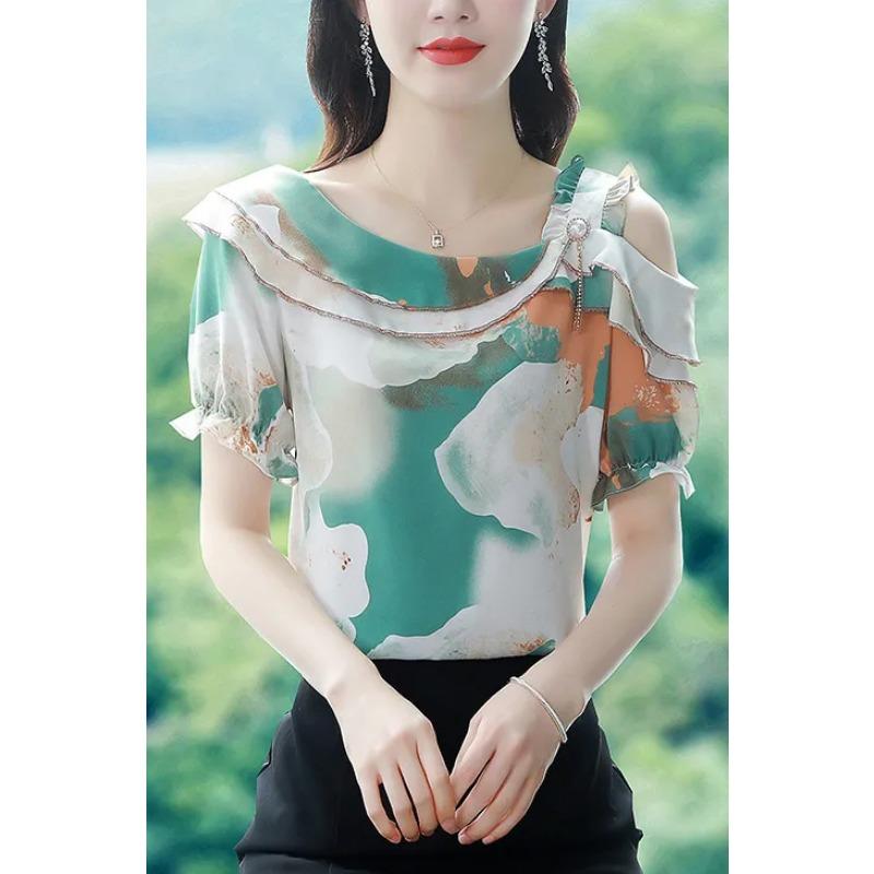 Летняя Новая Корейский Стиль Шифоновая Рубашка Блузка с Коротким Рукавом Модная Свободная Цветочная Топ M зелёный
