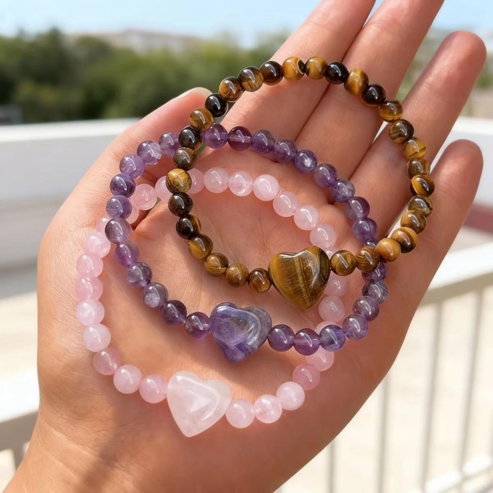 Natural Stone Beaded Bracelet Heart Couple Bracelet Elegant Strand Bracelets  Women Lovers
