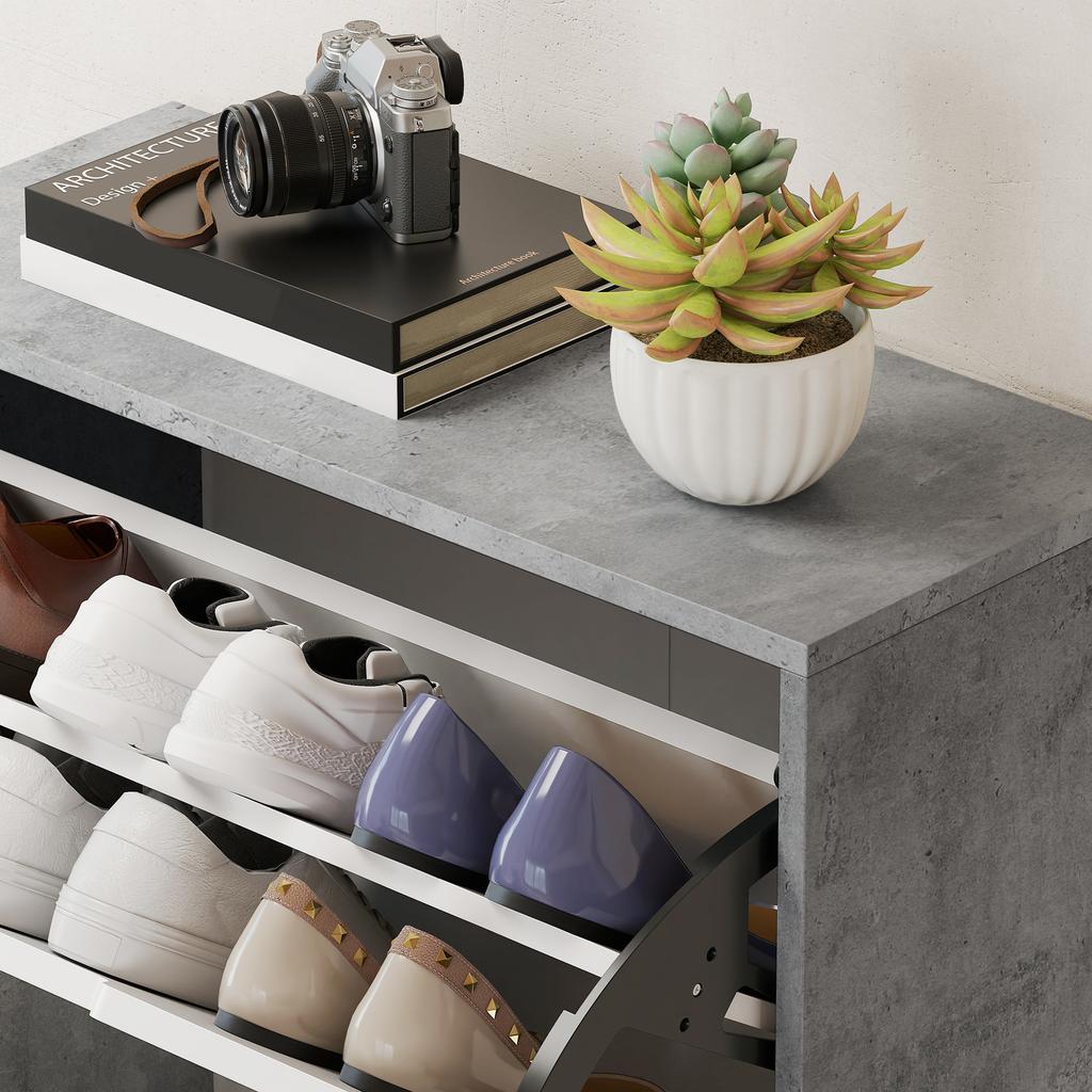 Modern Space-Saving Shoe Cabinet with 4 Doors for 16 Pairs of Shoes, 62.5x26x156 cm, Concrete Grey