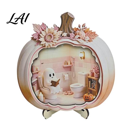 Indoor Fall Tabletop Centerpiece Halloween Ghost Pumpkin Wooden Plaque 2D Flat Sign Gift for Lovers Spooky Bathing Reading Ornament Home Office