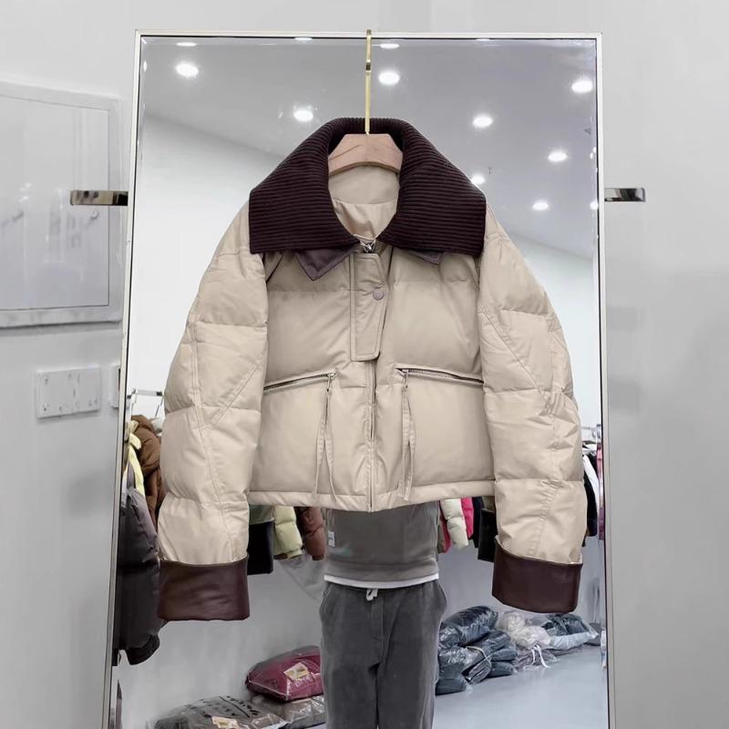Knitted lapel white duck down jacket women's short new loose leather leave-in winter coat burst