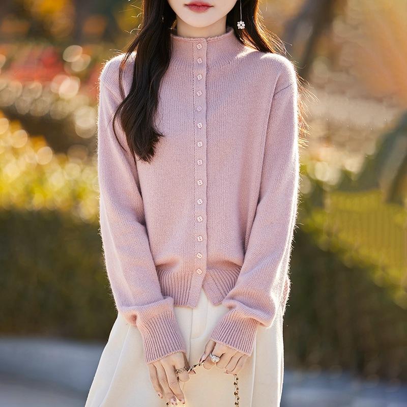 Autumn Winter Half High Collar Solid Single Breasted Cardigan Knitting Top Women Casual Fashion Sweater Coat