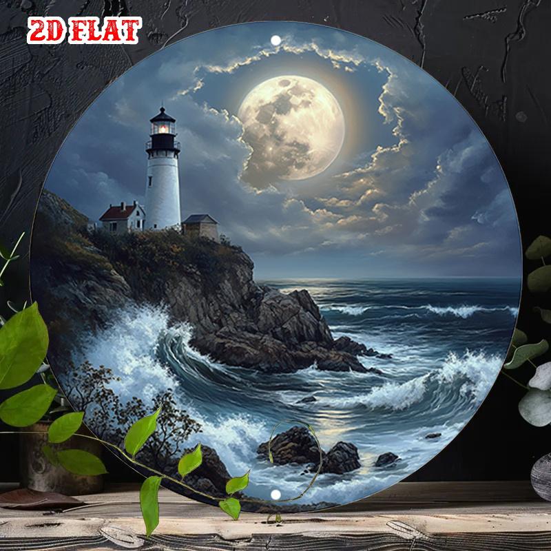 Lighthouse on Rocky Coast with Full Moon Night Scene Tin Sign Vintage Durable Metal Plaque Wall Decor Home Office Bar Man Cav